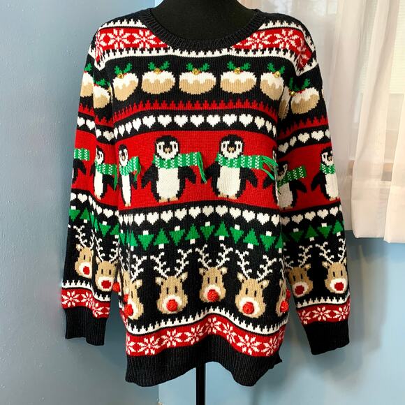 Holiday Time Penguin and Reindeer Ugly Christmas Sweater Size XXL - Picture 1 of 7